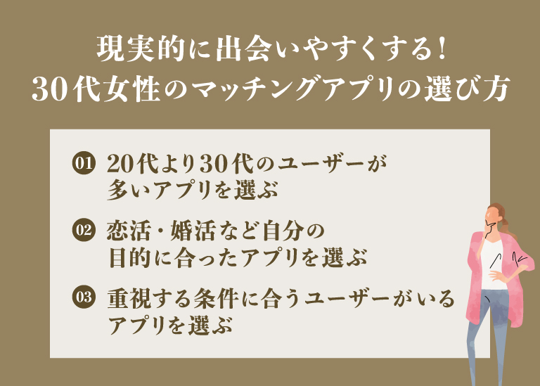 現実的に出会いやすくする｜30代女性のマッチングアプリの選び方