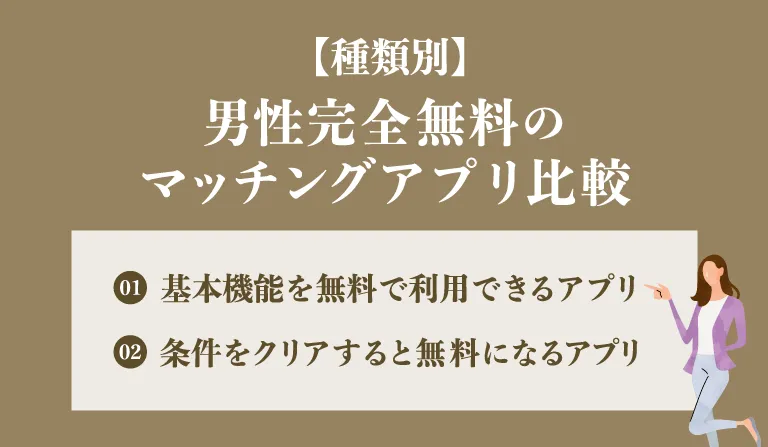 種類別｜男性完全無料のマッチングアプリ比較