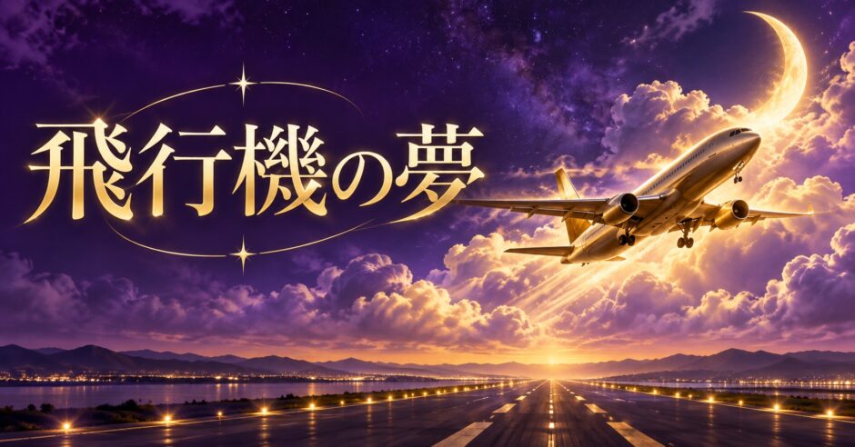 紫と金色で飛行機の夢を表現した夢占い記事のアイキャッチ画像