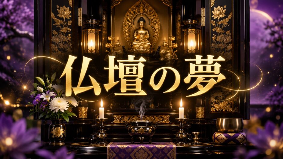 紫とゴールドを基調にした『仏壇の夢』のアイキャッチ