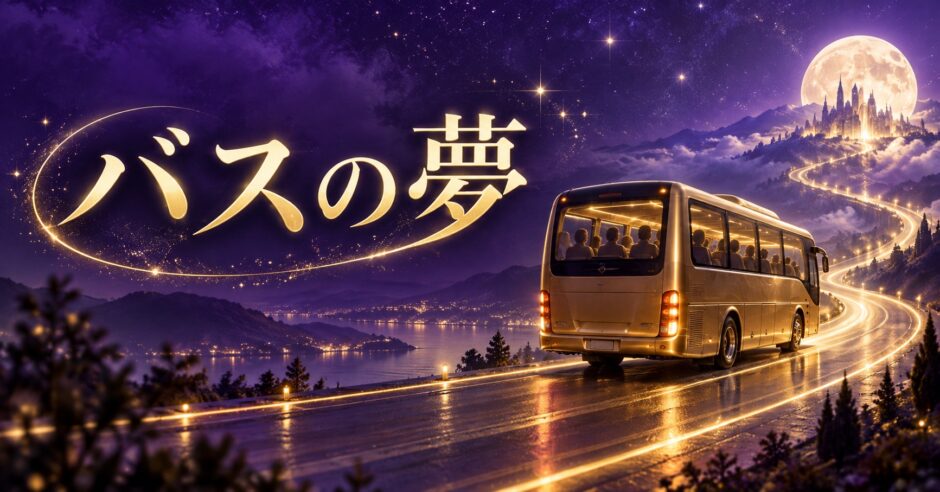 紫と金色でバスの夢を表現した夢占い記事のアイキャッチ画像