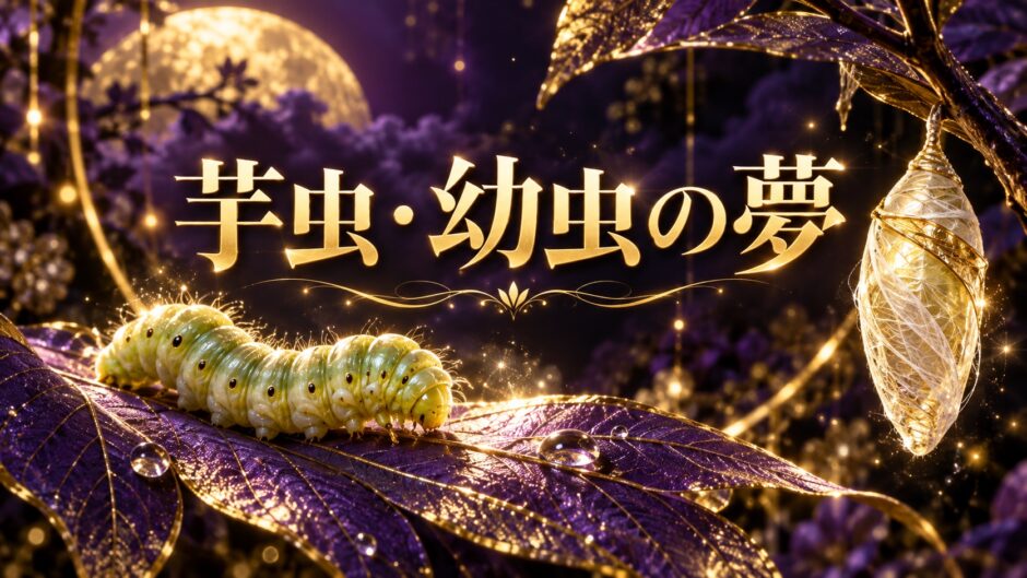紫とゴールドを基調にした『芋虫・幼虫の夢』のアイキャッチ
