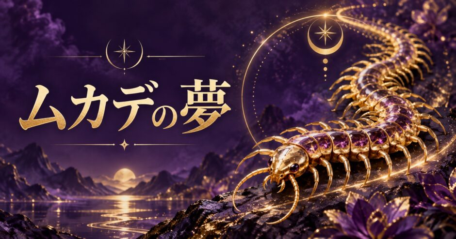 紫と金色でムカデの夢を表現した夢占い記事のアイキャッチ画像