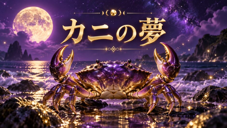 紫とゴールドの夜景にカニを描いた『カニの夢』のアイキャッチ