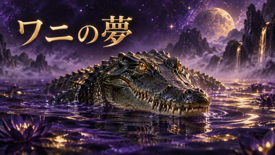 ワニの夢の夢占いを表す紫とゴールドの3D画像