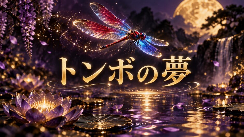 紫とゴールドを基調にした『トンボの夢』のアイキャッチ
