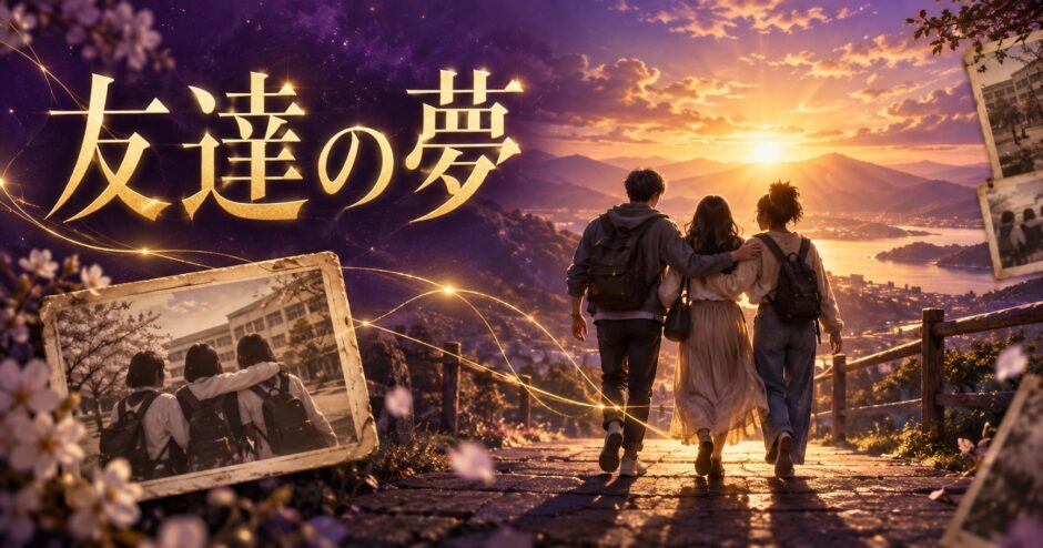 紫と金色で友達の夢を表現した夢占い記事のアイキャッチ画像