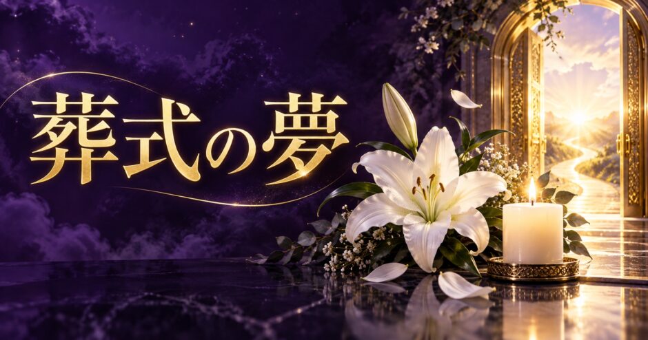紫と金色で葬式の夢を表現した夢占い記事のアイキャッチ画像