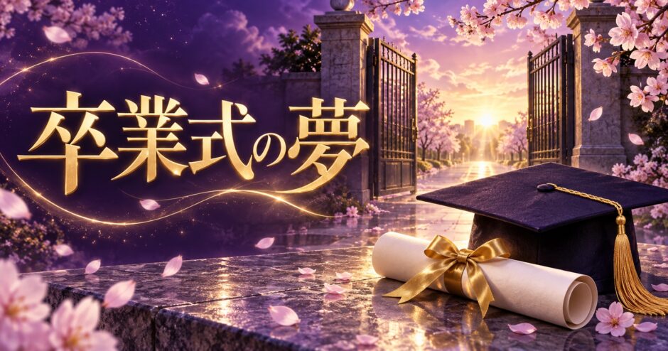 紫と金色で卒業式の夢を表現した夢占い記事のアイキャッチ画像