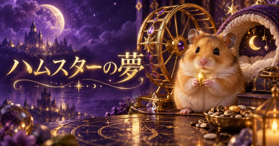 紫と金色でハムスターの夢を表現した夢占い記事のアイキャッチ画像