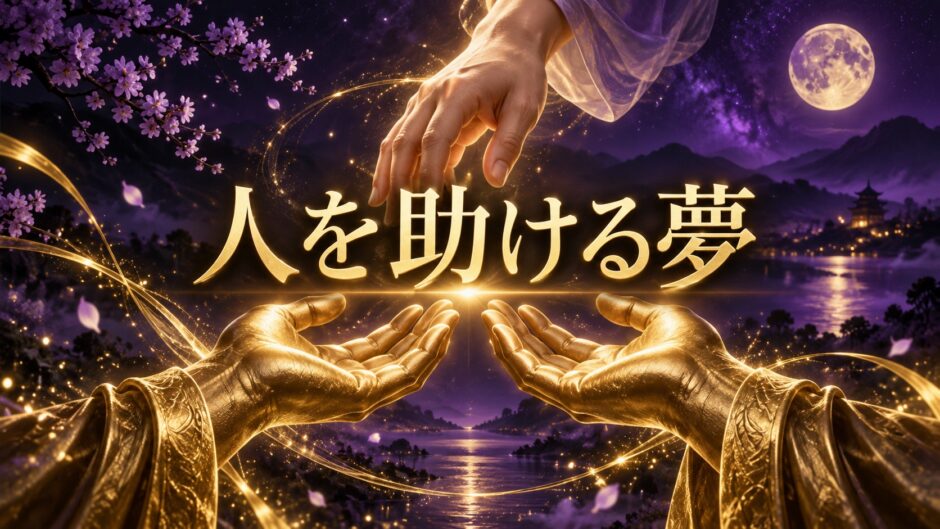 紫とゴールドを基調にした『人を助ける夢』のアイキャッチ