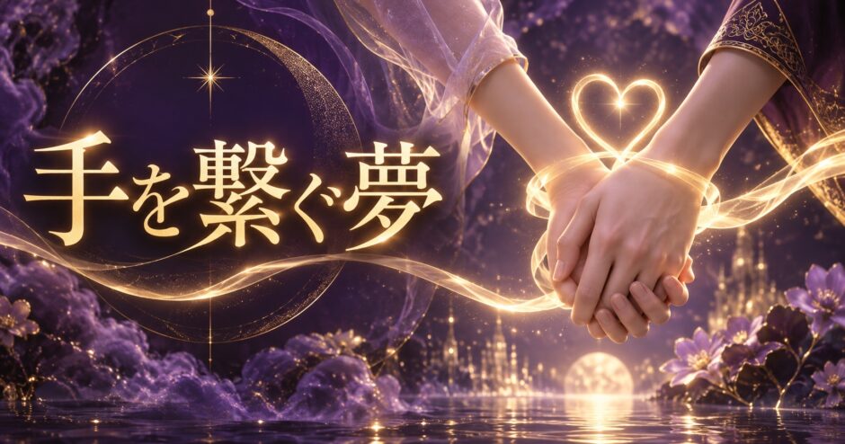 紫と金色で手を繋ぐ夢を表現した夢占い記事のアイキャッチ画像