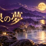 紫と金色で温泉の夢を表現した夢占い記事のアイキャッチ画像