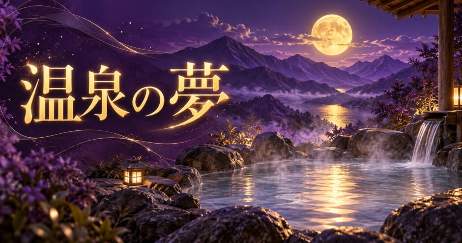 紫と金色で温泉の夢を表現した夢占い記事のアイキャッチ画像