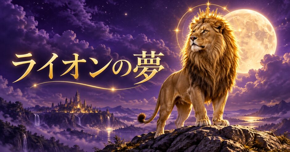 ライオンの夢の意味を表す紫とゴールドのアイキャッチ