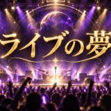 紫とゴールドを基調にした『ライブに行く夢』のアイキャッチ