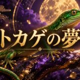 紫とゴールドを基調にした『トカゲの夢』のアイキャッチ