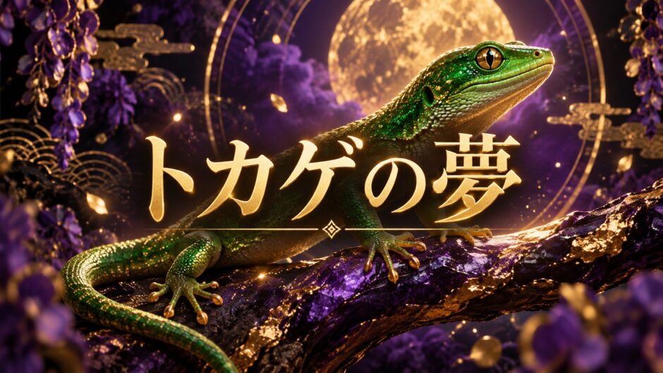 紫とゴールドを基調にした『トカゲの夢』のアイキャッチ