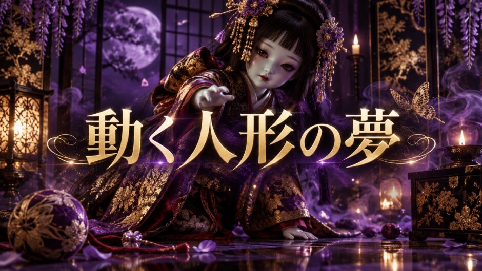 紫とゴールドを基調にした『人形が動く夢』のアイキャッチ