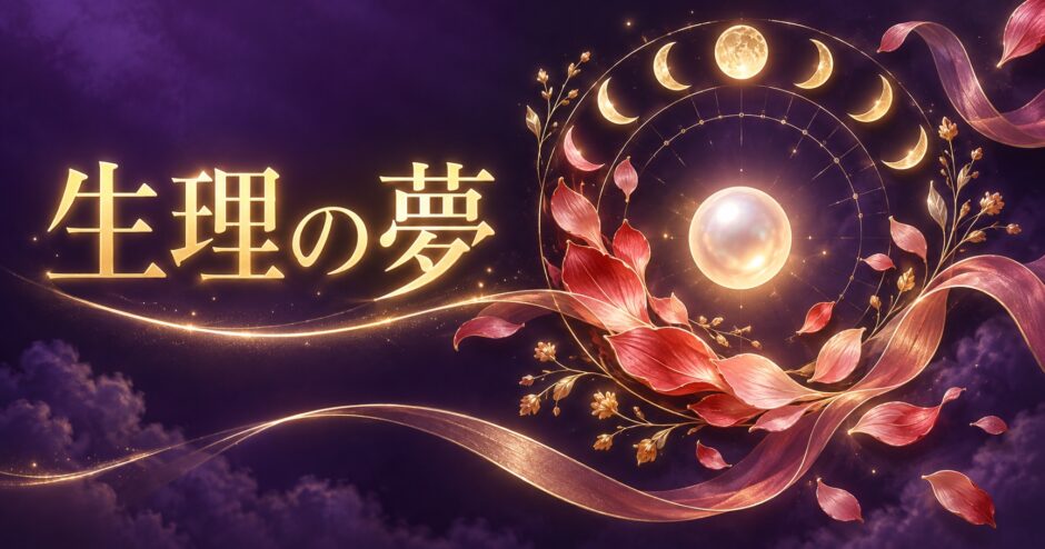 紫と金色で生理の夢を象徴的に表現した夢占い記事のアイキャッチ画像