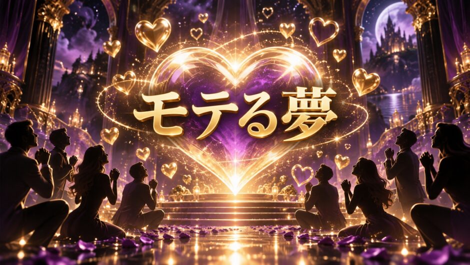 紫とゴールドを基調にした『モテる夢』のアイキャッチ