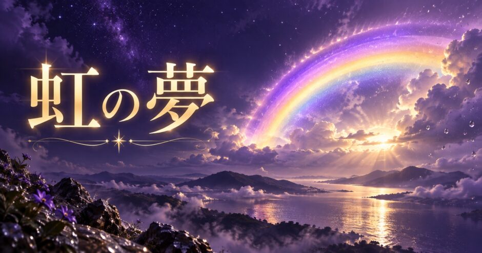 紫と金色で虹の夢を表現した夢占い記事のアイキャッチ画像