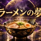 紫とゴールドを基調にした『ラーメンを食べる夢』のアイキャッチ