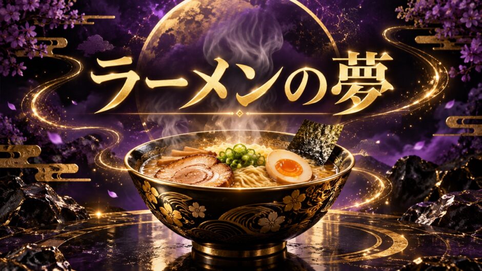 紫とゴールドを基調にした『ラーメンを食べる夢』のアイキャッチ