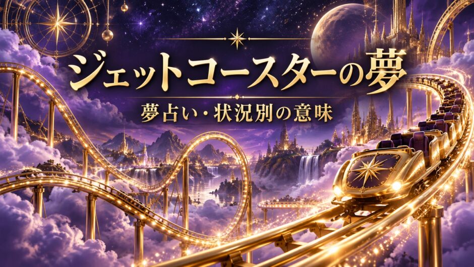 ジェットコースターの夢の意味を表す紫とゴールドのアイキャッチ