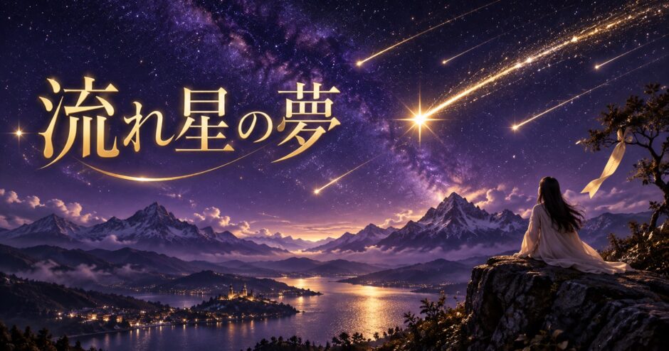 紫と金色で流れ星の夢を表現した夢占い記事のアイキャッチ画像