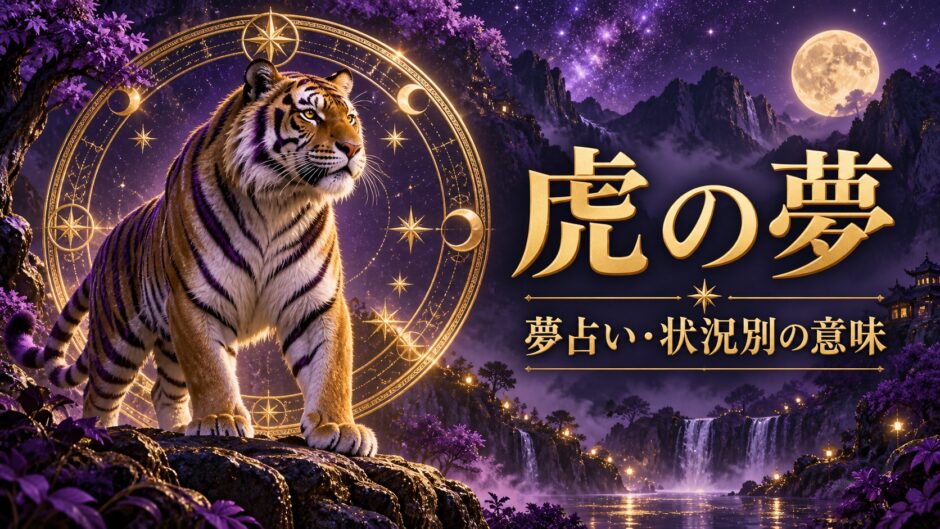 虎の夢の意味を表す紫とゴールドのアイキャッチ