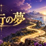 紫と金色で旅行の夢を表現した夢占い記事のアイキャッチ画像