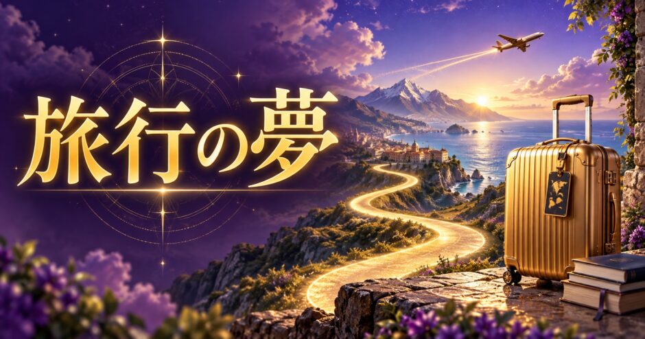 紫と金色で旅行の夢を表現した夢占い記事のアイキャッチ画像