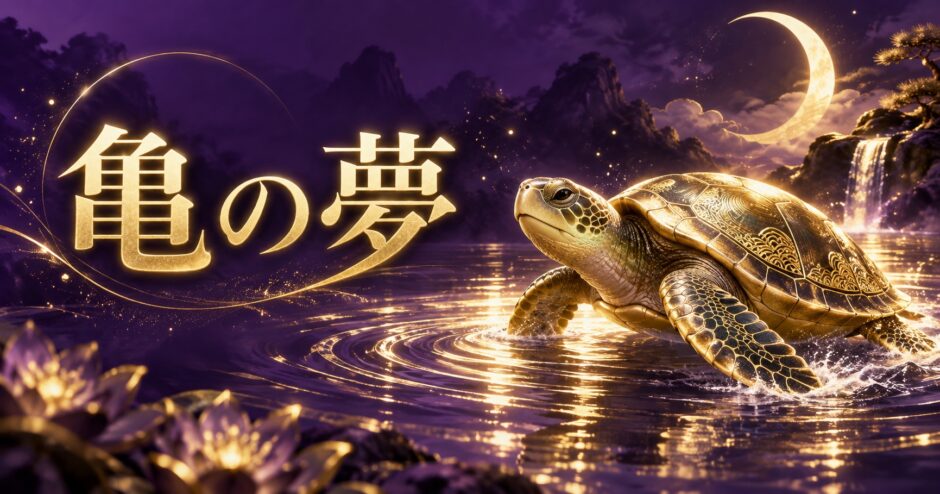紫と金色で亀の夢を表現した夢占い記事のアイキャッチ画像
