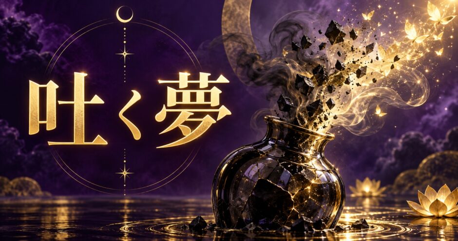 紫と金色で吐く夢を象徴的に表現した夢占い記事のアイキャッチ画像
