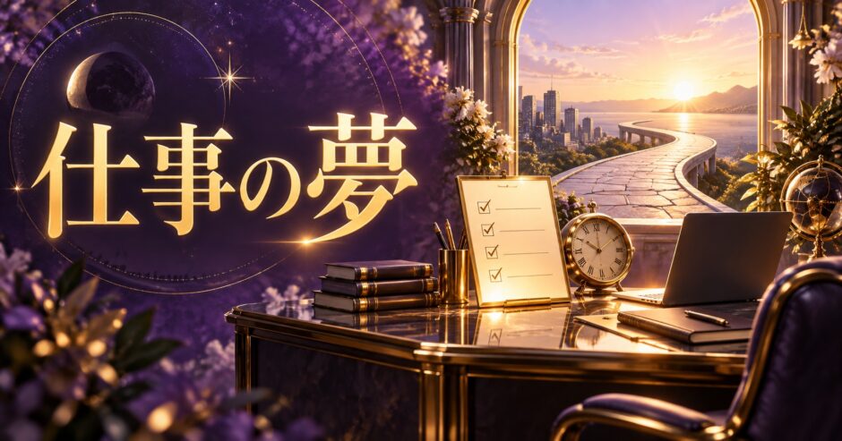 紫と金色で仕事の夢を表現した夢占い記事のアイキャッチ画像
