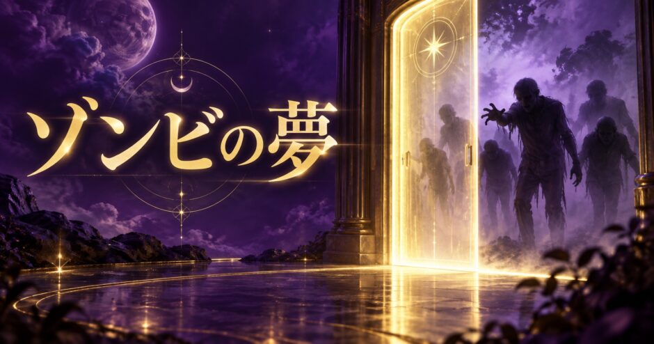 紫と金色でゾンビの夢を表現した夢占い記事のアイキャッチ画像